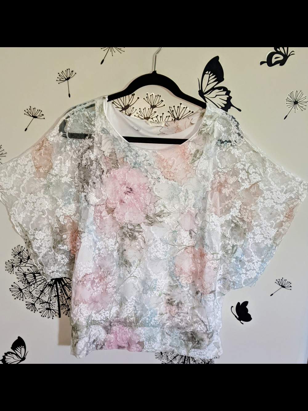 Brittany Black White Sheer Lace Blouse with Pink Floral Print